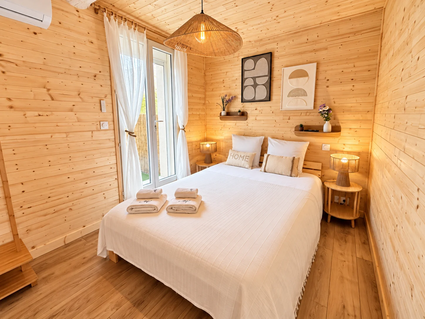 Chambre lumineuse aux murs en bois et à la décoration chaleureuse